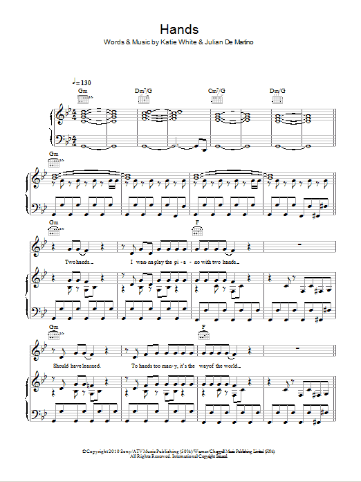 Download The Ting Tings Hands Sheet Music and learn how to play Piano, Vocal & Guitar (Right-Hand Melody) PDF digital score in minutes