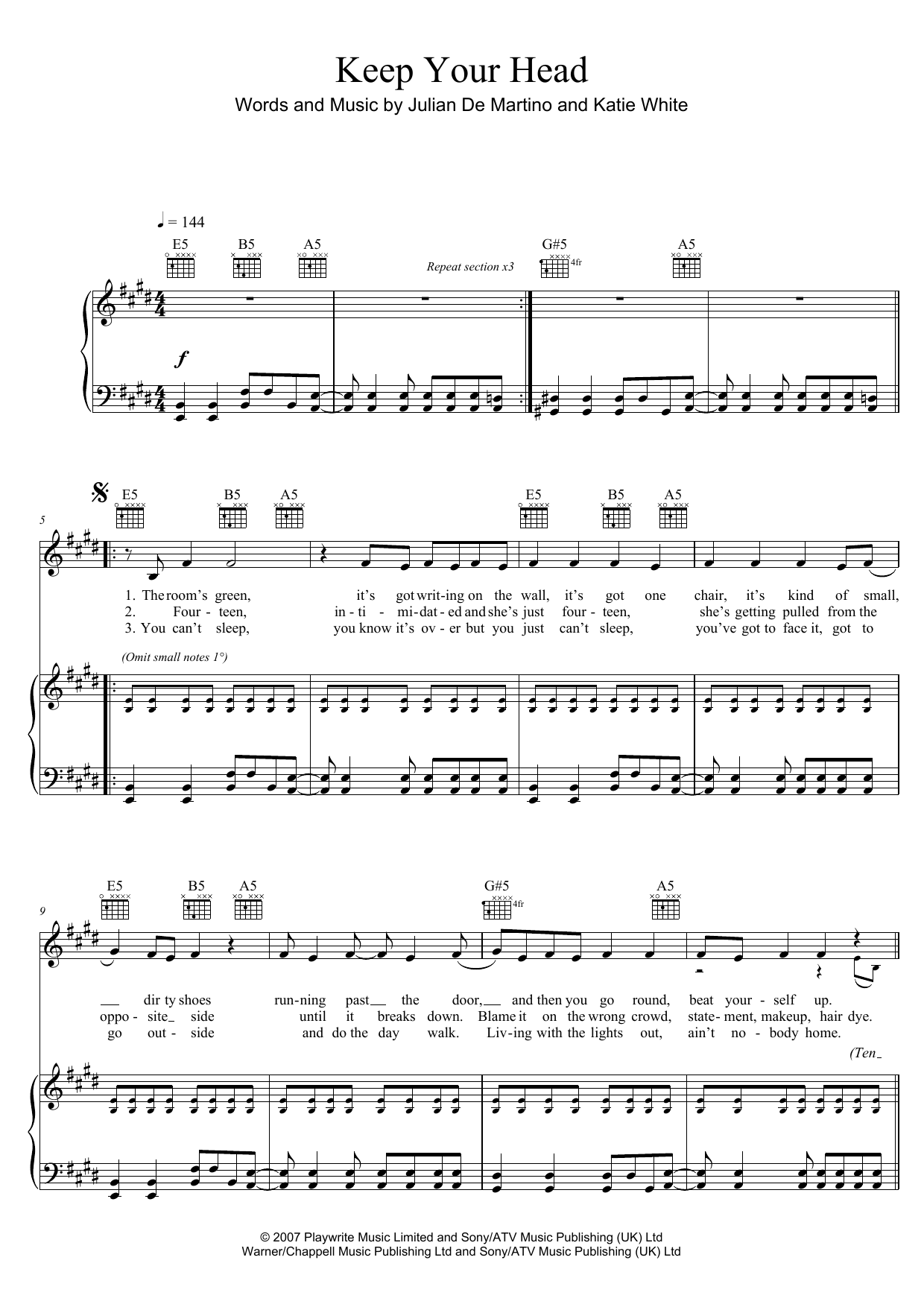 Download The Ting Tings Keep Your Head Sheet Music and learn how to play Piano, Vocal & Guitar (Right-Hand Melody) PDF digital score in minutes