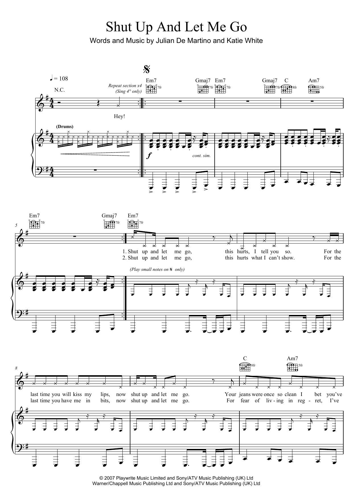 Download The Ting Tings Shut Up And Let Me Go Sheet Music and learn how to play Piano, Vocal & Guitar PDF digital score in minutes