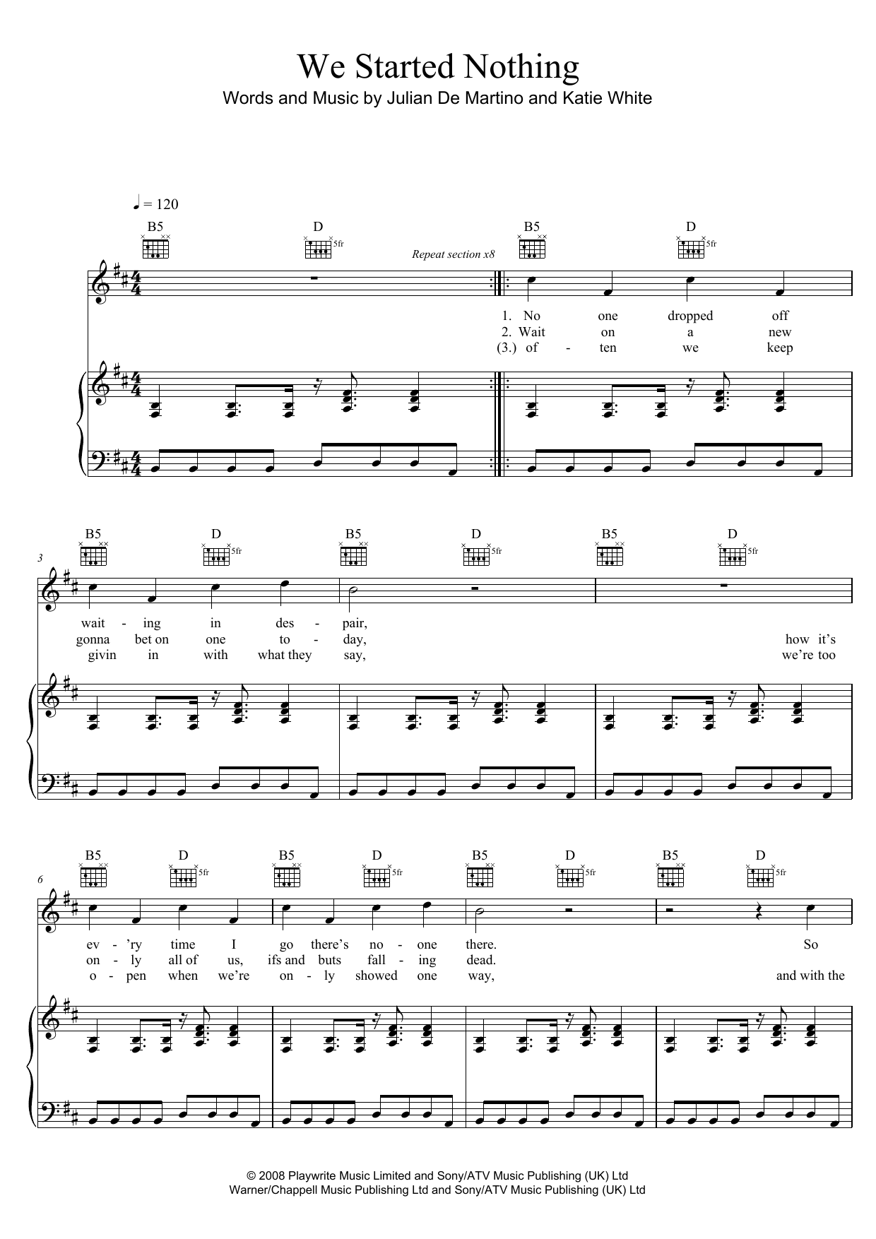 Download The Ting Tings We Started Nothing Sheet Music and learn how to play Piano, Vocal & Guitar (Right-Hand Melody) PDF digital score in minutes