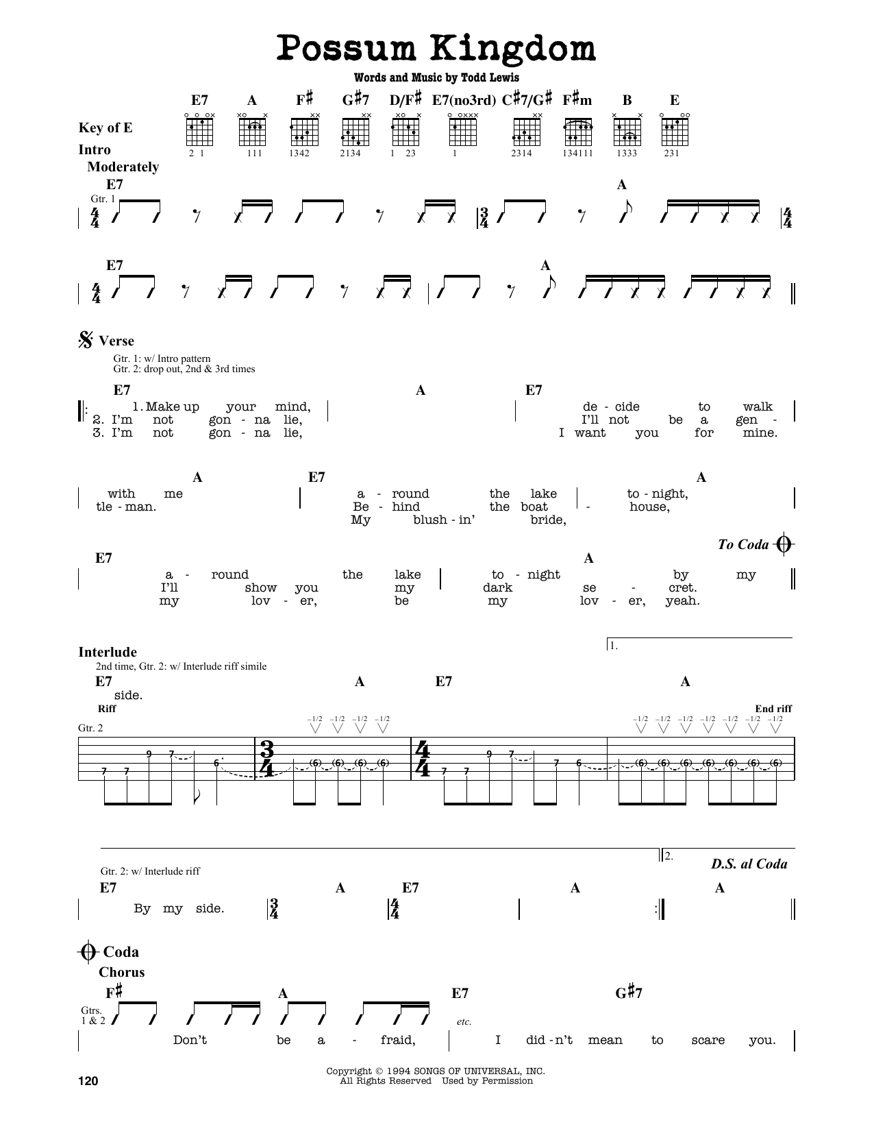 Download The Toadies Possum Kingdom Sheet Music and learn how to play Guitar Lead Sheet PDF digital score in minutes