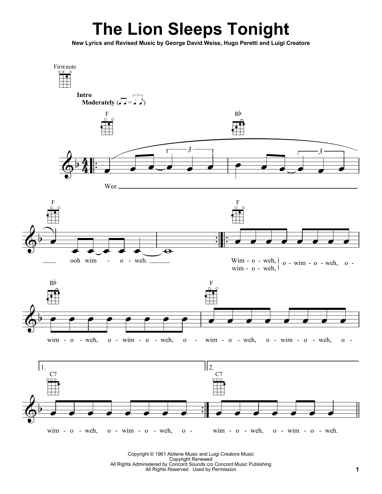 Download The Tokens The Lion Sleeps Tonight Sheet Music and learn how to play Ukulele PDF digital score in minutes