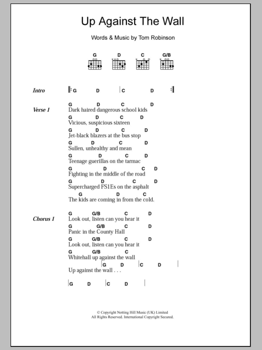 Download The Tom Robinson Band Up Against The Wall Sheet Music and learn how to play Lyrics & Chords PDF digital score in minutes