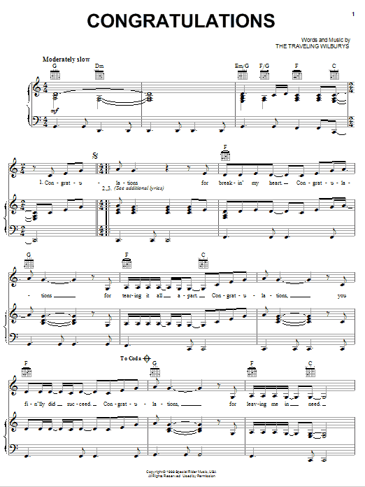 Download The Traveling Wilburys Congratulations Sheet Music and learn how to play Piano, Vocal & Guitar (Right-Hand Melody) PDF digital score in minutes