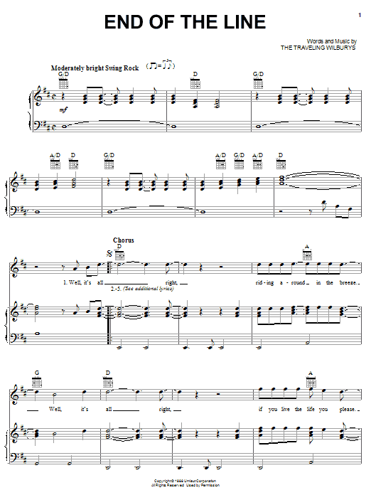 Download The Traveling Wilburys End Of The Line Sheet Music and learn how to play Piano, Vocal & Guitar (Right-Hand Melody) PDF digital score in minutes