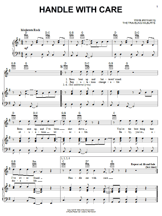 Download The Traveling Wilburys Handle With Care Sheet Music and learn how to play Lyrics & Chords PDF digital score in minutes