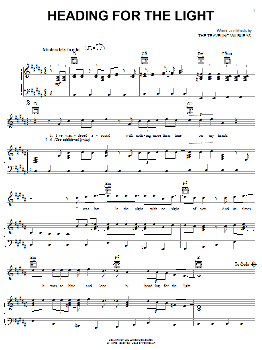 Download The Traveling Wilburys Heading For The Light Sheet Music and learn how to play Piano, Vocal & Guitar (Right-Hand Melody) PDF digital score in minutes