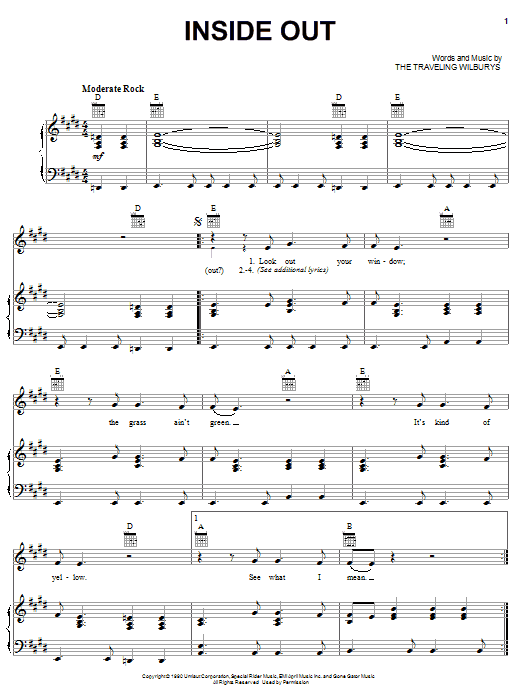 Download The Traveling Wilburys Inside Out Sheet Music and learn how to play Piano, Vocal & Guitar (Right-Hand Melody) PDF digital score in minutes