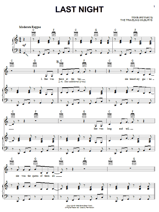 Download The Traveling Wilburys Last Night Sheet Music and learn how to play Piano, Vocal & Guitar (Right-Hand Melody) PDF digital score in minutes