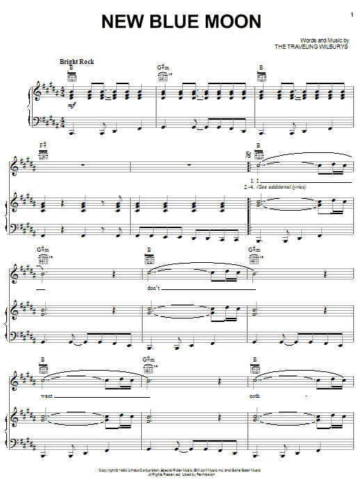 Download The Traveling Wilburys New Blue Moon Sheet Music and learn how to play Piano, Vocal & Guitar (Right-Hand Melody) PDF digital score in minutes