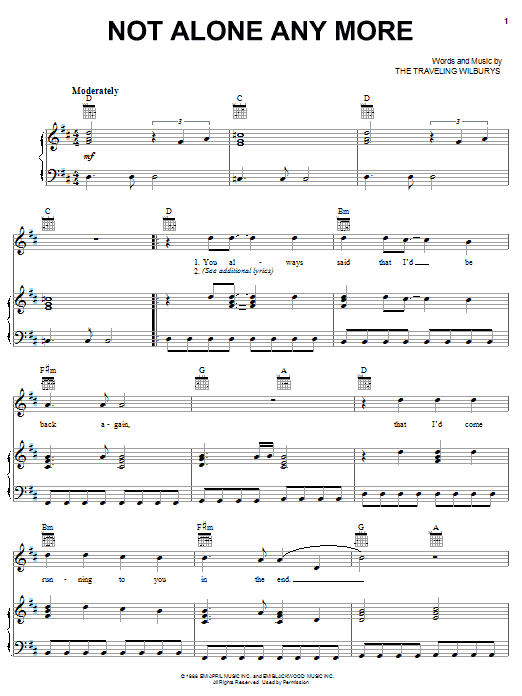 Download The Traveling Wilburys Not Alone Any More Sheet Music and learn how to play Piano, Vocal & Guitar (Right-Hand Melody) PDF digital score in minutes