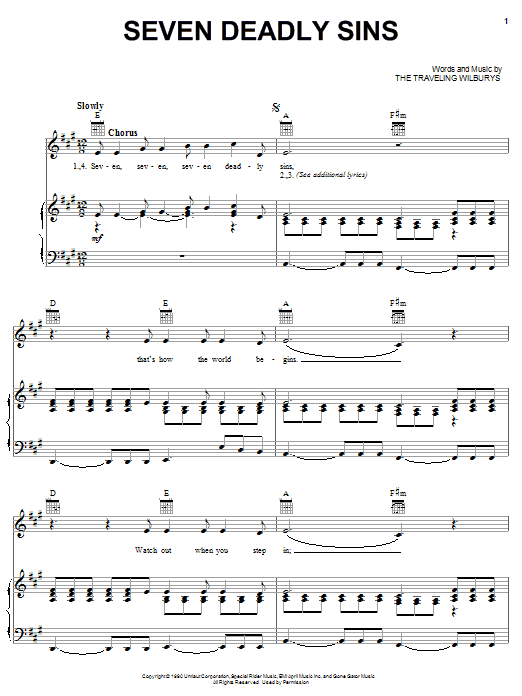 Download The Traveling Wilburys Seven Deadly Sins Sheet Music and learn how to play Piano, Vocal & Guitar (Right-Hand Melody) PDF digital score in minutes