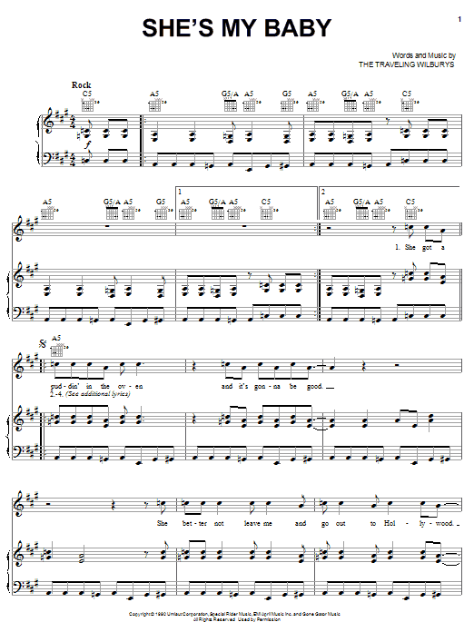 Download The Traveling Wilburys She's My Baby Sheet Music and learn how to play Piano, Vocal & Guitar (Right-Hand Melody) PDF digital score in minutes