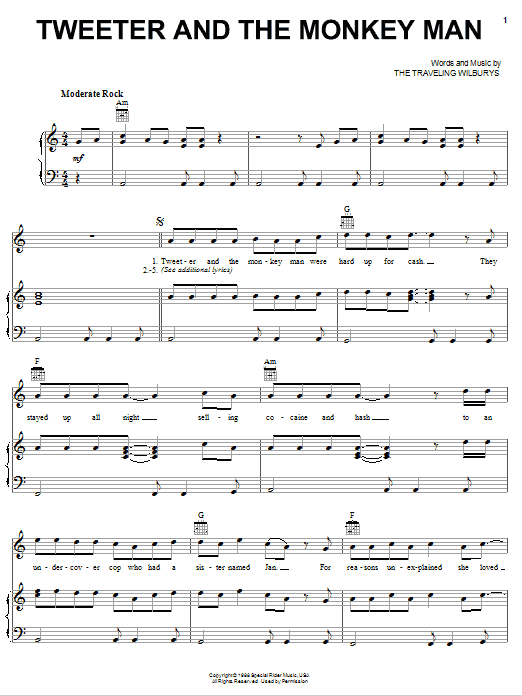 Download The Traveling Wilburys Tweeter And The Monkey Man Sheet Music and learn how to play Piano, Vocal & Guitar (Right-Hand Melody) PDF digital score in minutes