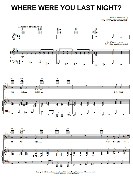 Download The Traveling Wilburys Where Were You Last Night? Sheet Music and learn how to play Piano, Vocal & Guitar (Right-Hand Melody) PDF digital score in minutes