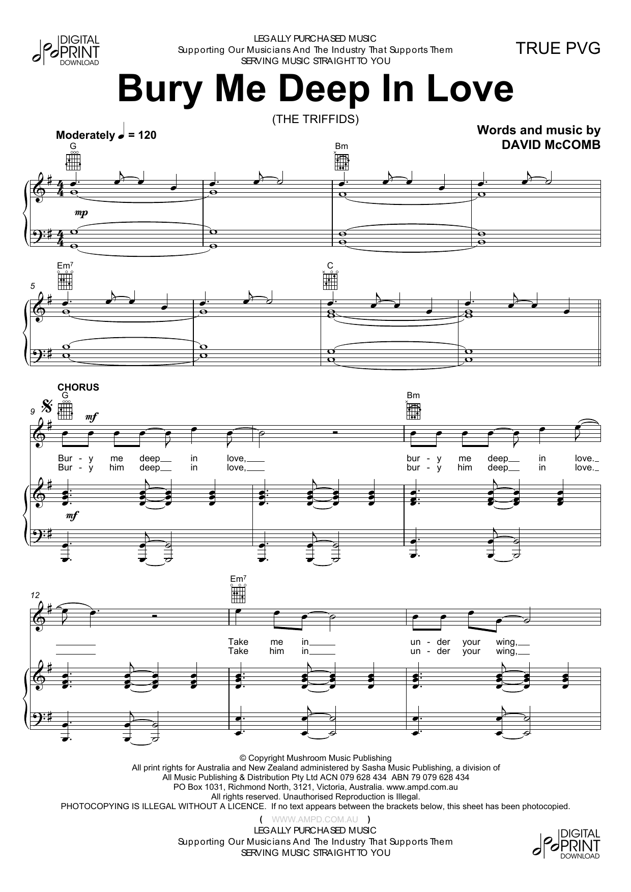 Download The Triffids Bury Me Deep In Love Sheet Music and learn how to play Piano, Vocal & Guitar (Right-Hand Melody) PDF digital score in minutes