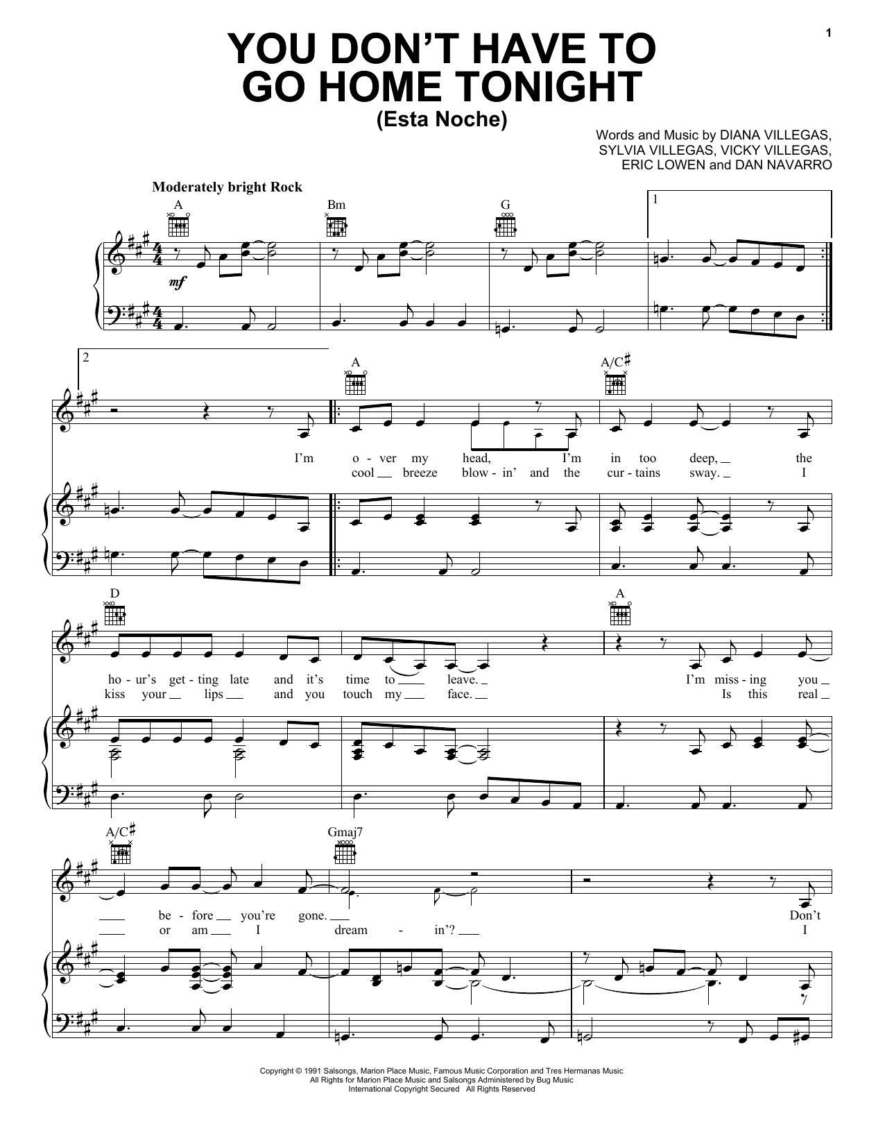 Download The Triplets You Don't Have To Go Home Tonight (Esta Noche) Sheet Music and learn how to play Piano, Vocal & Guitar Chords (Right-Hand Melody) PDF digital score in minutes