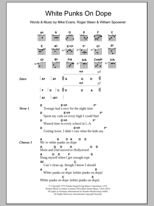 Download The Tubes White Punks On Dope Sheet Music and learn how to play Lyrics & Chords PDF digital score in minutes