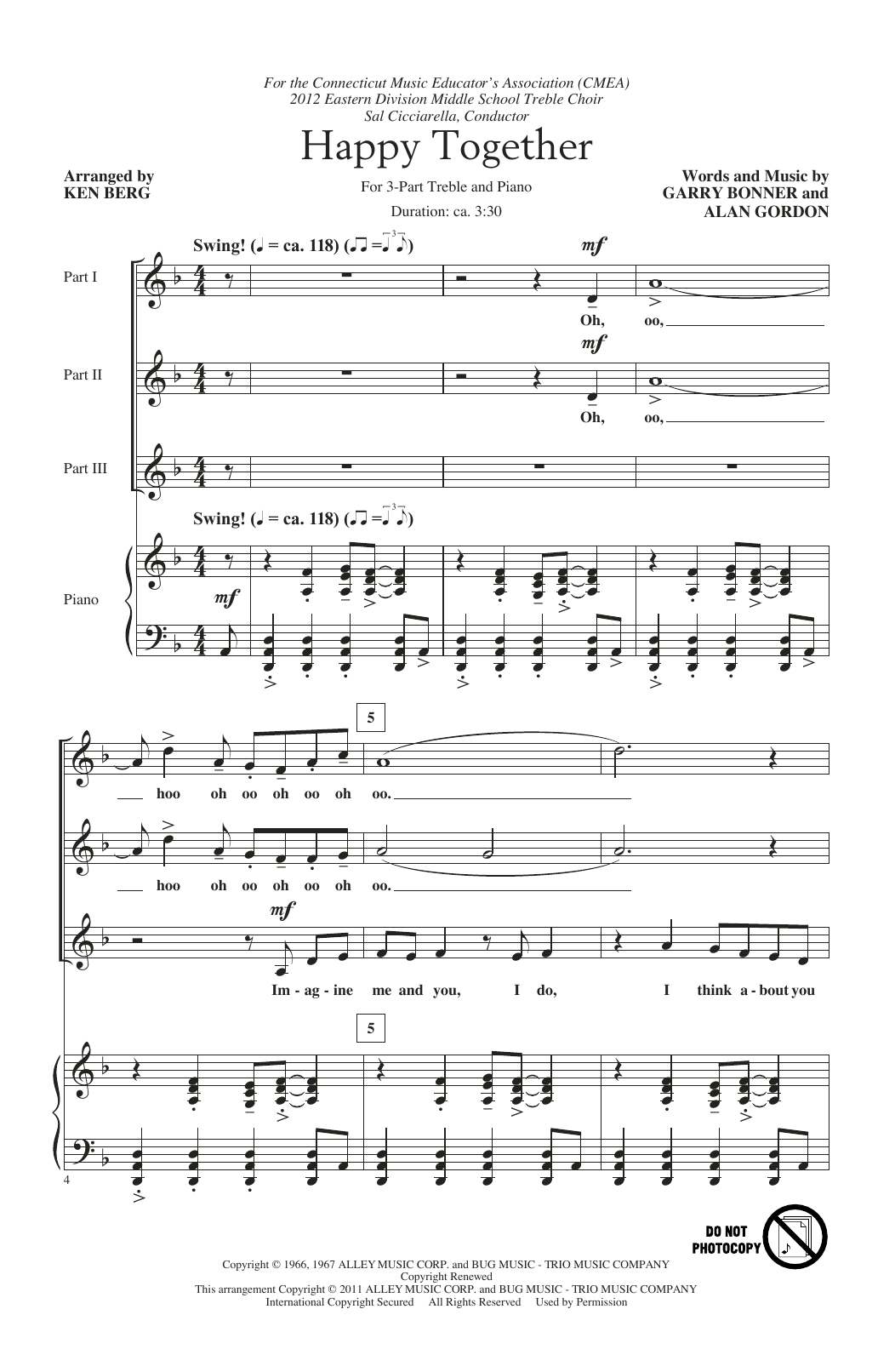 Download The Turtles Happy Together (arr. Ken Berg) Sheet Music and learn how to play 3-Part Treble Choir PDF digital score in minutes