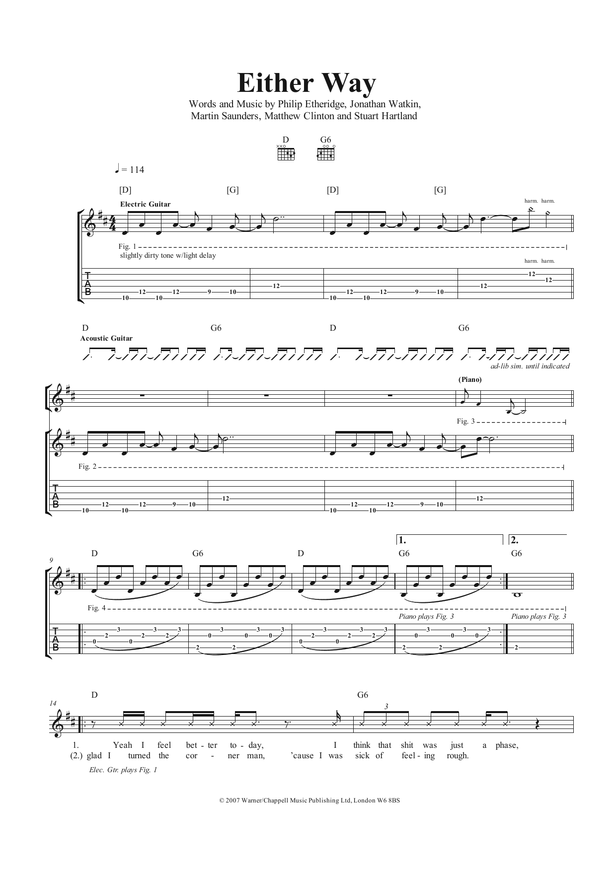 Download The Twang Either Way Sheet Music and learn how to play Guitar Tab PDF digital score in minutes