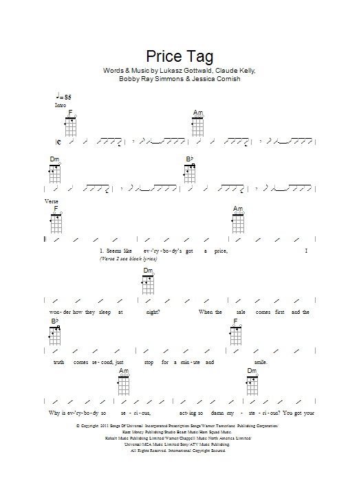 Download The Ukuleles Price Tag Sheet Music and learn how to play Ukulele Chords/Lyrics PDF digital score in minutes