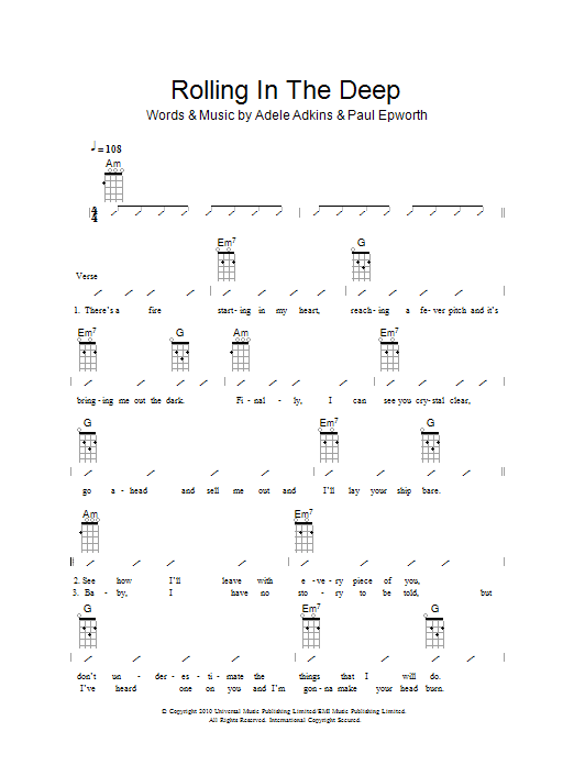 Download The Ukuleles Rolling In The Deep Sheet Music and learn how to play Ukulele with strumming patterns PDF digital score in minutes