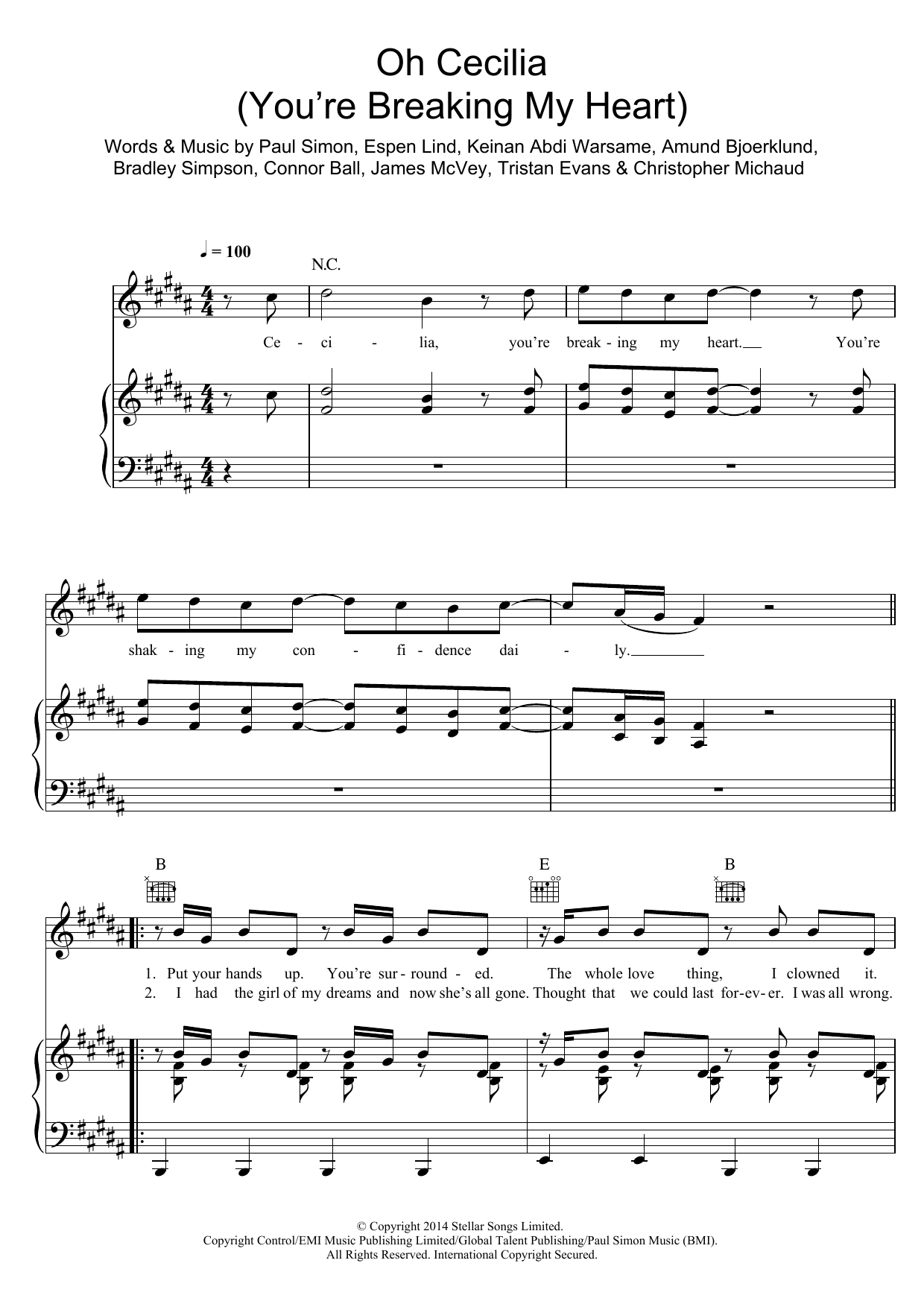 Download The Vamps Oh Cecilia (Breaking My Heart) Sheet Music and learn how to play Piano, Vocal & Guitar (Right-Hand Melody) PDF digital score in minutes