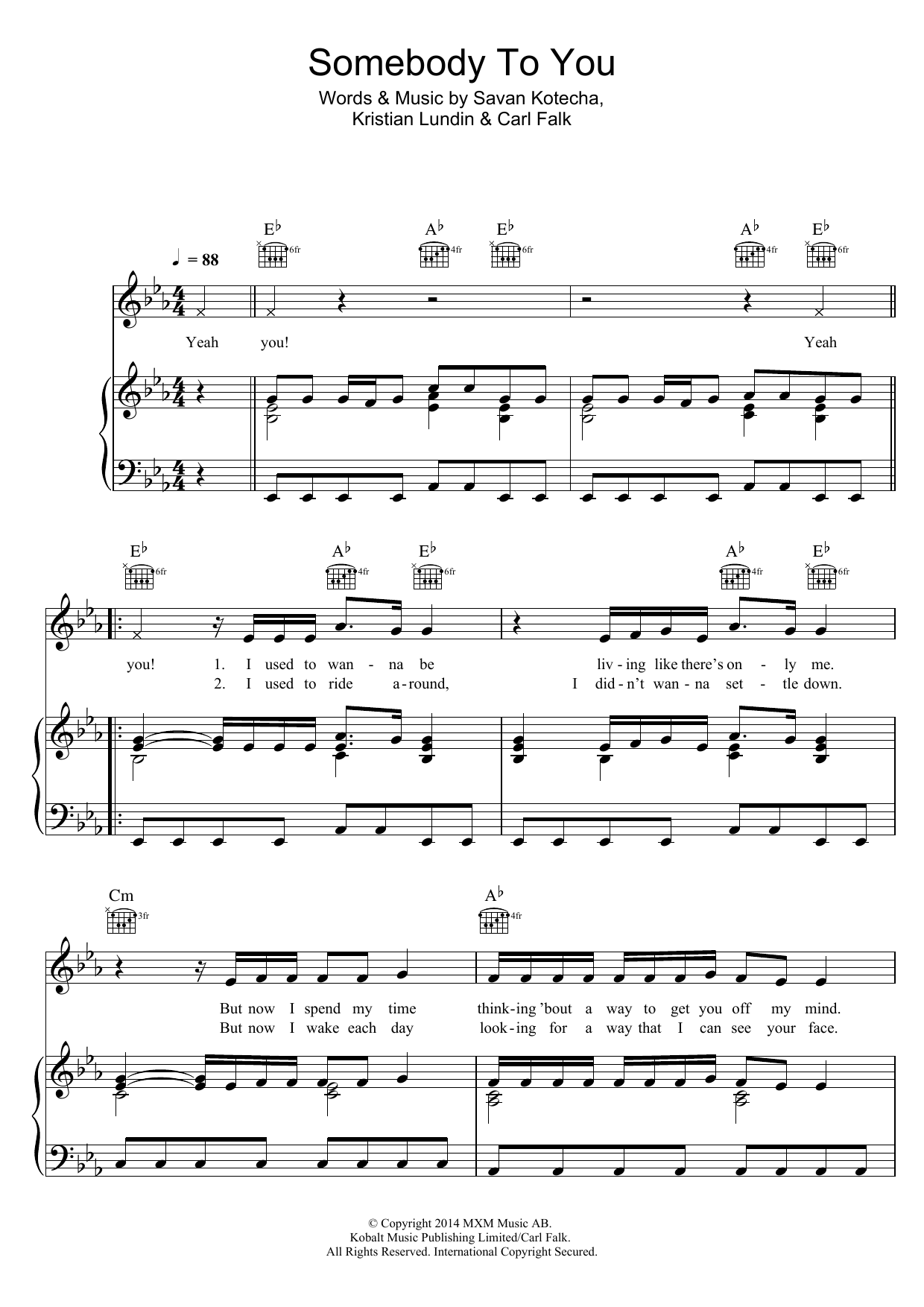 Download The Vamps Somebody To You (feat. Demi Lovato) Sheet Music and learn how to play Piano, Vocal & Guitar (Right-Hand Melody) PDF digital score in minutes