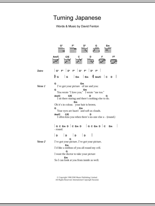 Download The Vapors Turning Japanese Sheet Music and learn how to play Lyrics & Chords PDF digital score in minutes