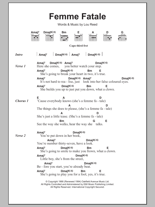 Download The Velvet Underground Femme Fatale Sheet Music and learn how to play Lyrics & Chords PDF digital score in minutes