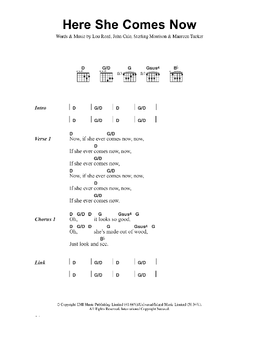 Download The Velvet Underground Here She Comes Now Sheet Music and learn how to play Lyrics & Chords PDF digital score in minutes