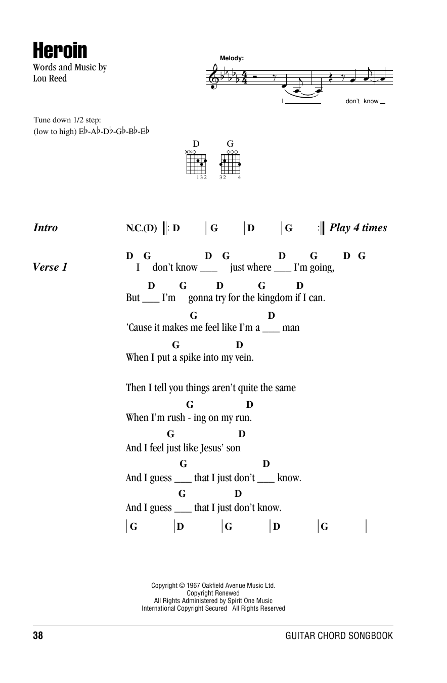 Download The Velvet Underground Heroin Sheet Music and learn how to play Guitar Chords/Lyrics PDF digital score in minutes