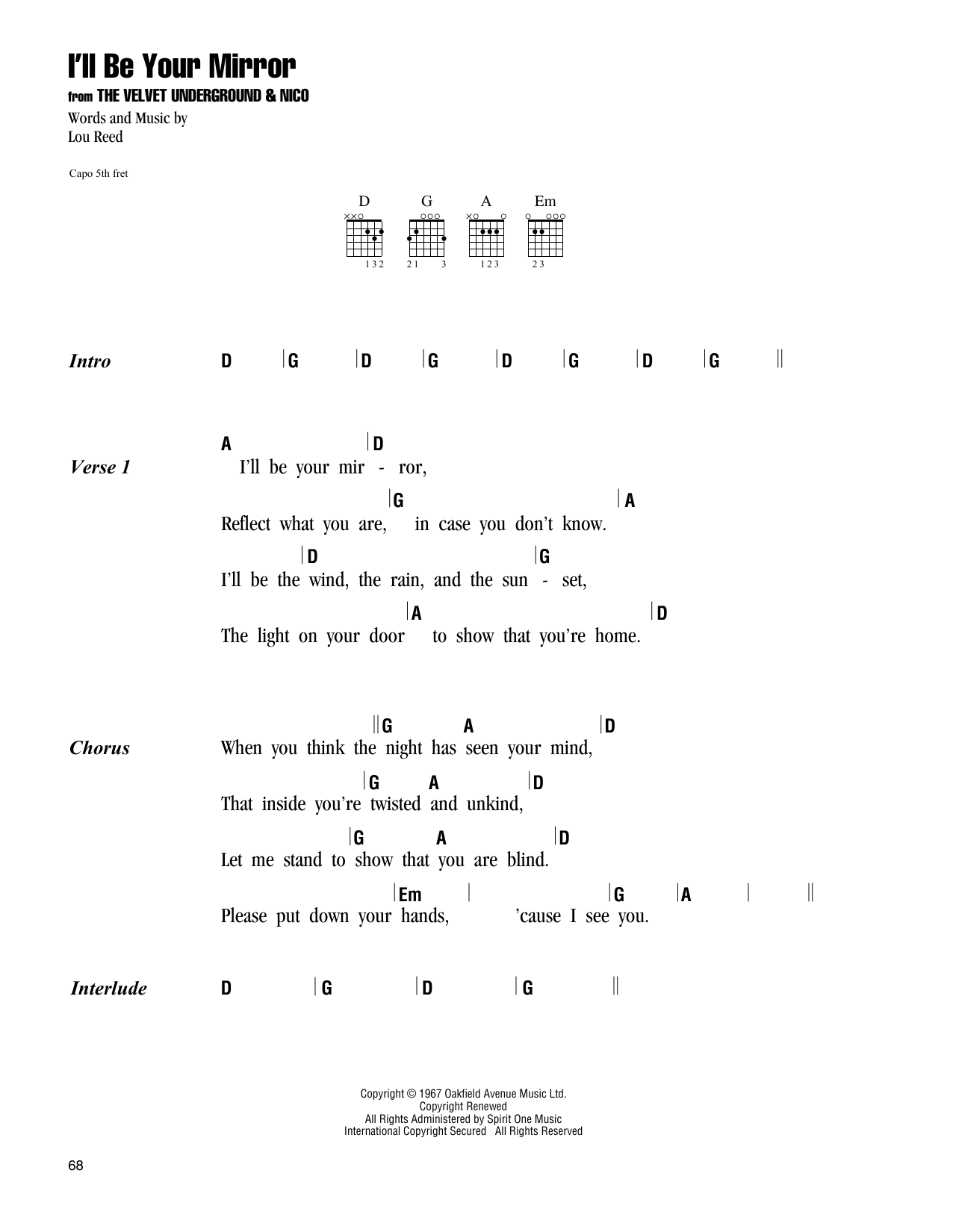 Download The Velvet Underground I'll Be Your Mirror Sheet Music and learn how to play Guitar Chords/Lyrics PDF digital score in minutes