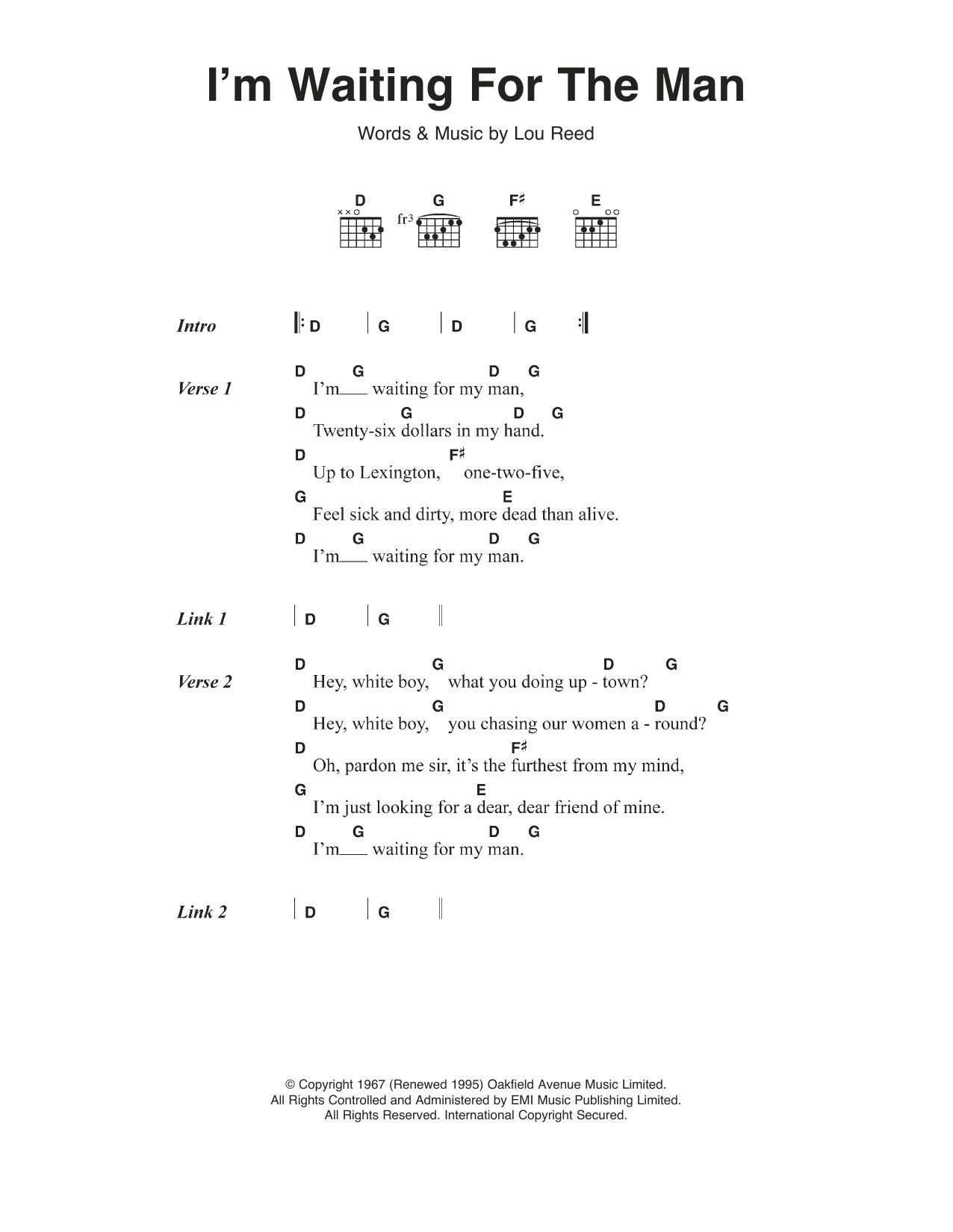 Download The Velvet Underground I'm Waiting For The Man (Waiting For My Man) Sheet Music and learn how to play Lyrics & Chords PDF digital score in minutes