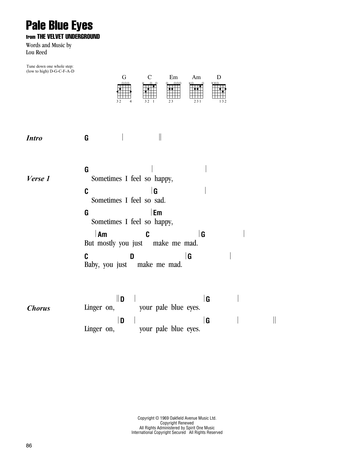 Download The Velvet Underground Pale Blue Eyes Sheet Music and learn how to play Guitar Chords/Lyrics PDF digital score in minutes