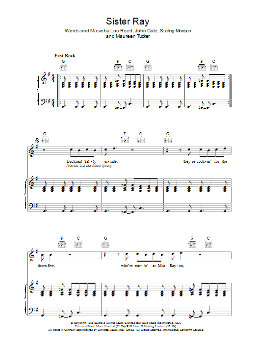 Download The Velvet Underground Sister Ray Sheet Music and learn how to play Piano, Vocal & Guitar PDF digital score in minutes