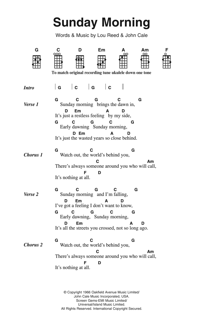 Download The Velvet Underground Sunday Morning Sheet Music and learn how to play Ukulele Lyrics & Chords PDF digital score in minutes