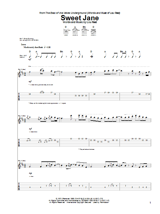 Download The Velvet Underground Sweet Jane Sheet Music and learn how to play Piano, Vocal & Guitar (Right-Hand Melody) PDF digital score in minutes