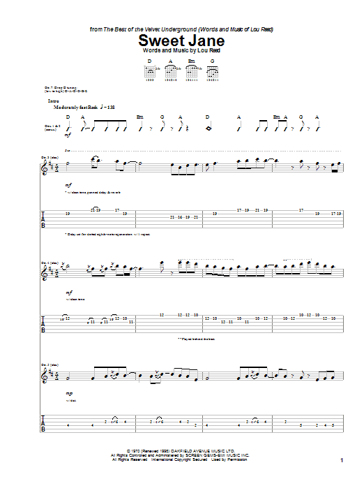 Download The Velvet Underground Sweet Jane Sheet Music and learn how to play Melody Line, Lyrics & Chords PDF digital score in minutes