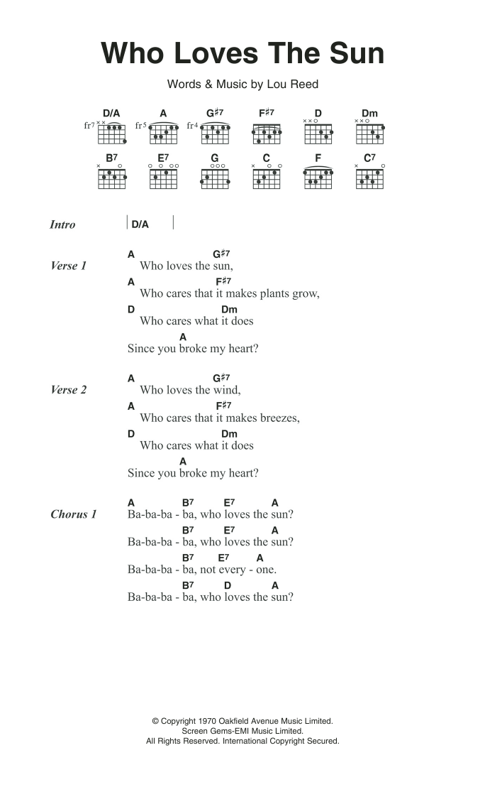 Download The Velvet Underground Who Loves The Sun Sheet Music and learn how to play Guitar Chords/Lyrics PDF digital score in minutes