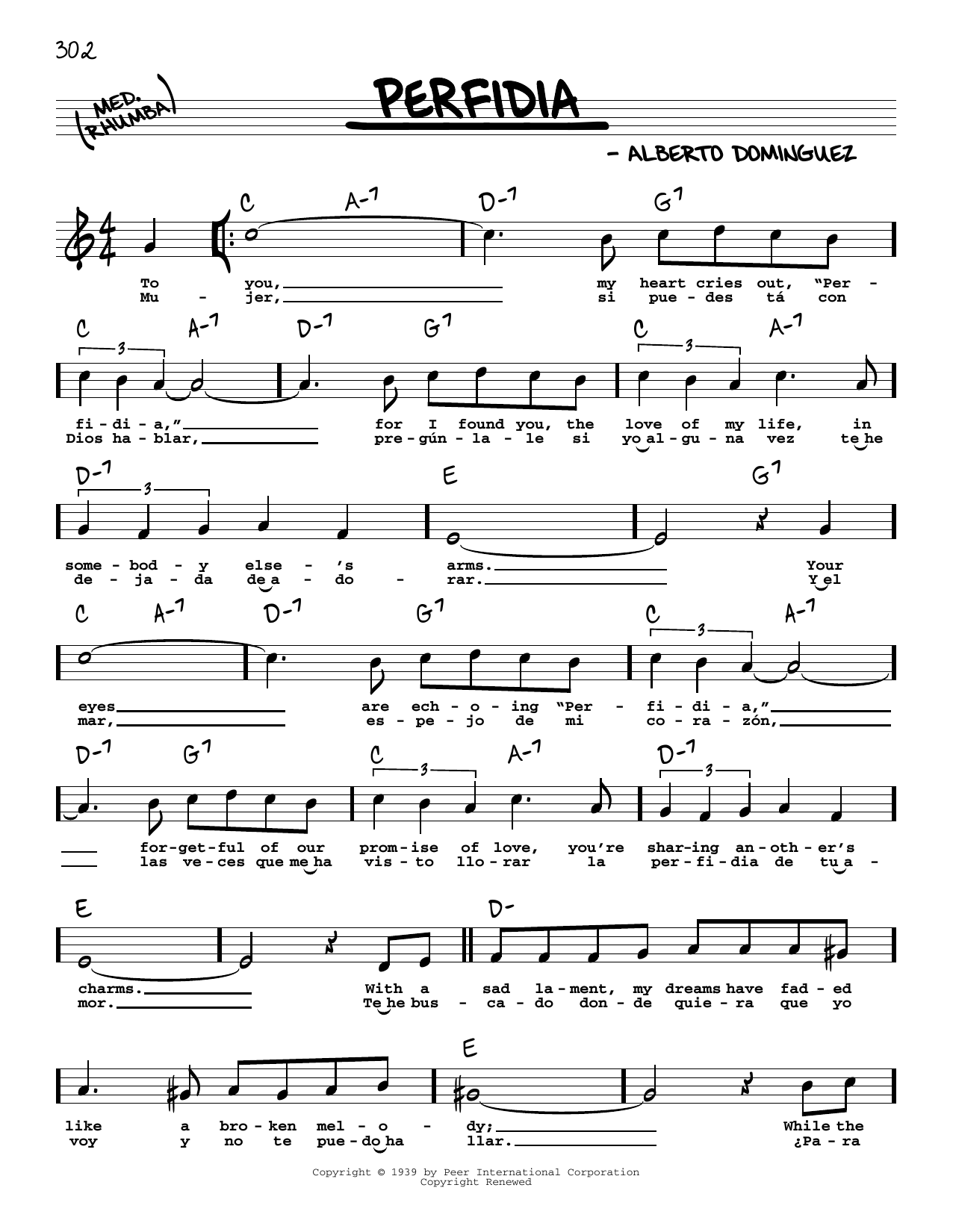Download The Ventures Perfidia (High Voice) Sheet Music and learn how to play Real Book – Melody, Lyrics & Chords PDF digital score in minutes