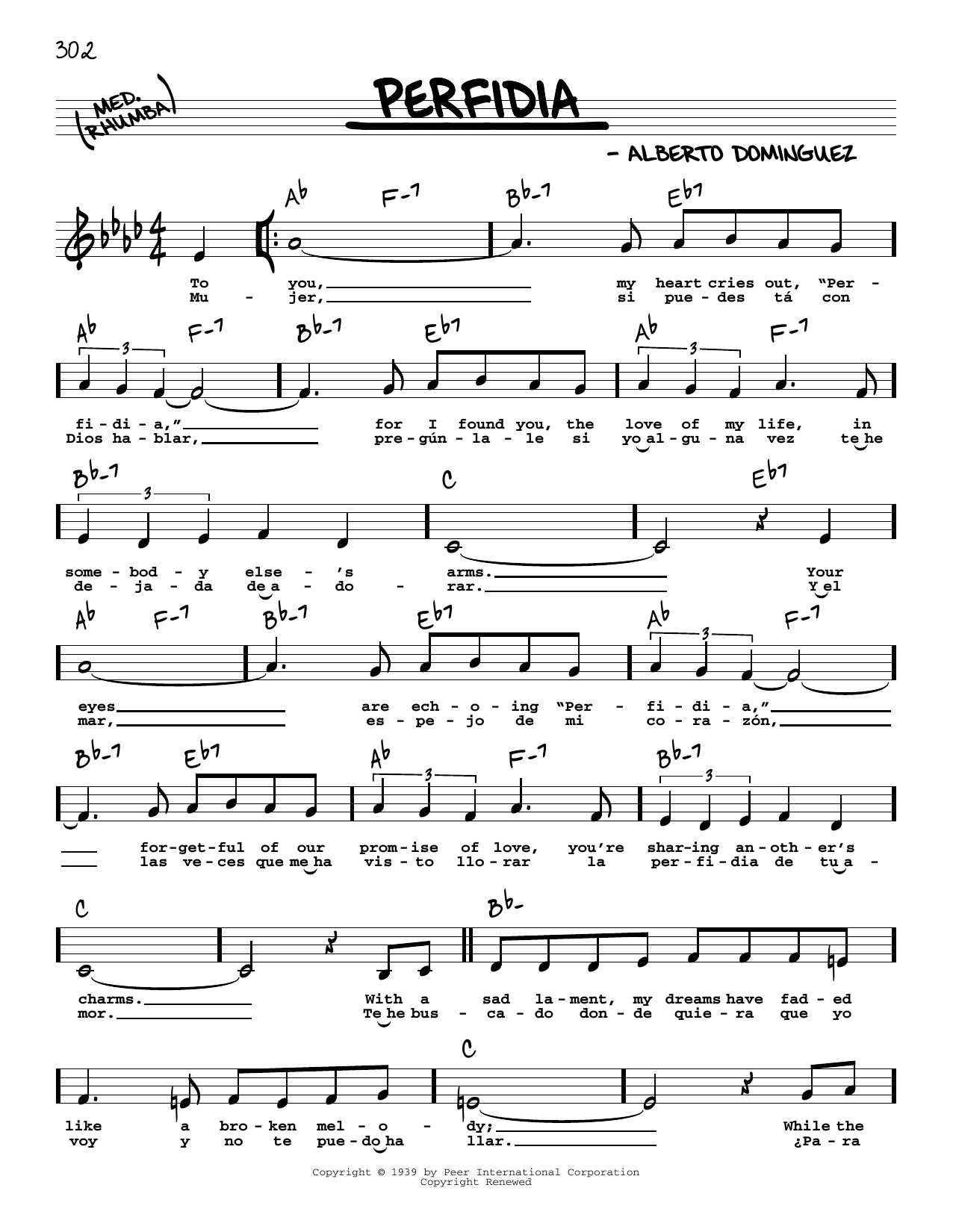 Download The Ventures Perfidia (Low Voice) Sheet Music and learn how to play Real Book – Melody, Lyrics & Chords PDF digital score in minutes