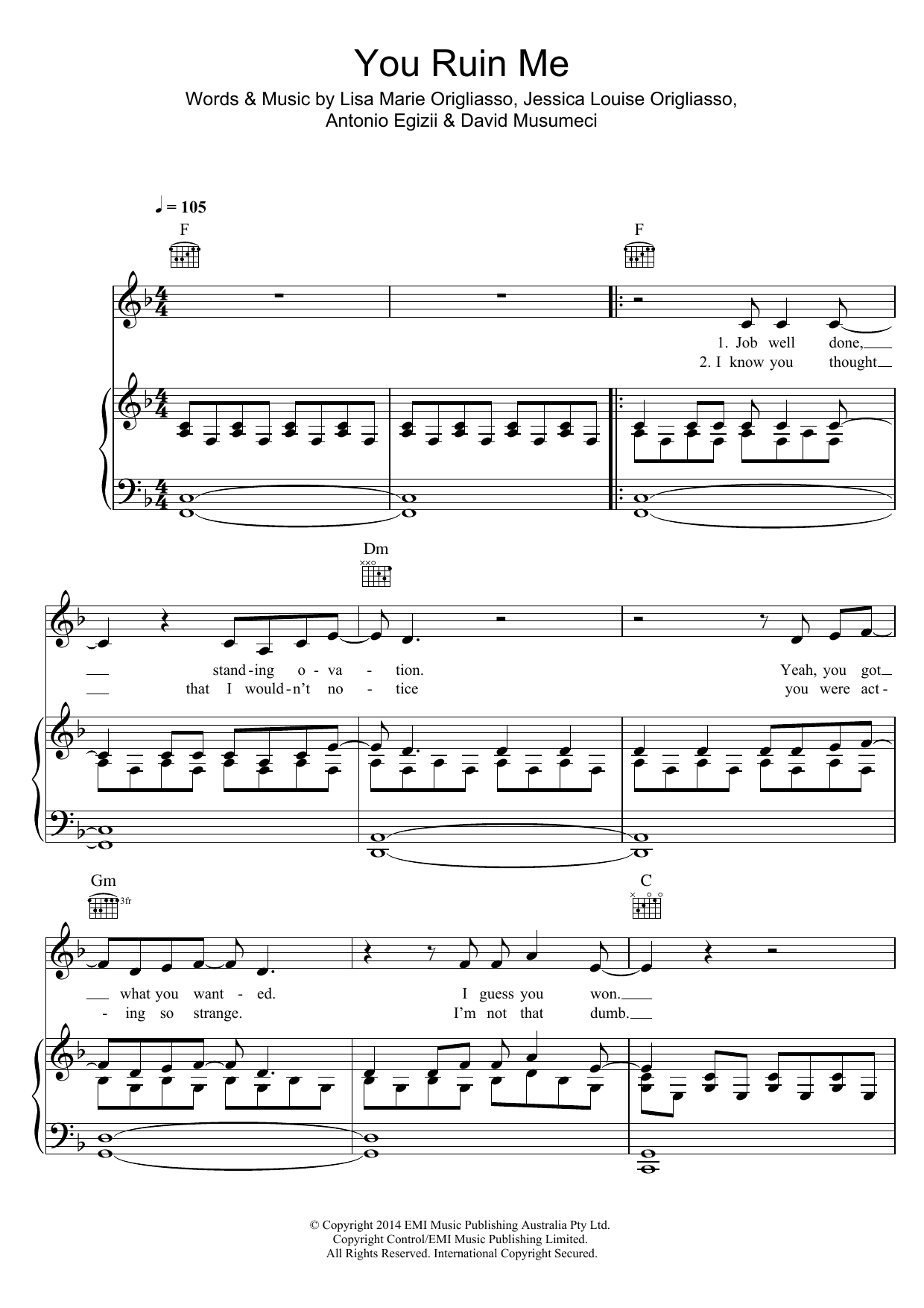 Download The Veronicas You Ruin Me Sheet Music and learn how to play Piano, Vocal & Guitar (Right-Hand Melody) PDF digital score in minutes