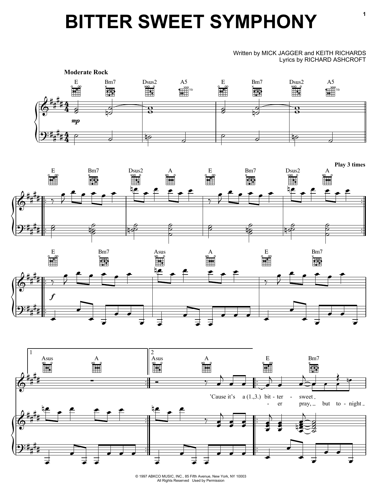 Download The Verve Bitter Sweet Symphony Sheet Music and learn how to play Piano, Vocal & Guitar (Right-Hand Melody) PDF digital score in minutes