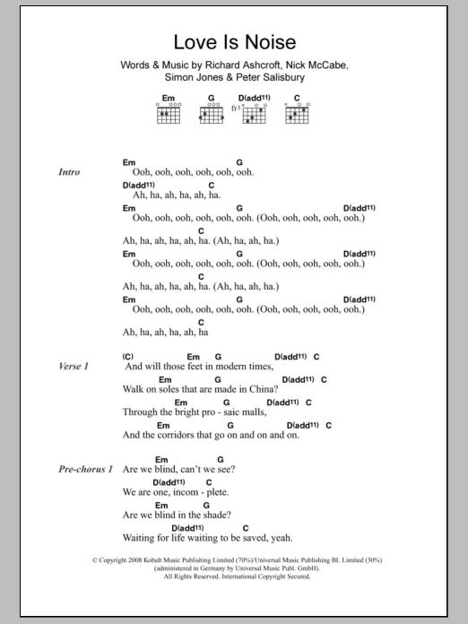 Download The Verve Love Is Noise Sheet Music and learn how to play Piano, Vocal & Guitar PDF digital score in minutes