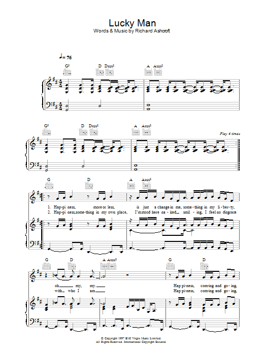 Download The Verve Lucky Man Sheet Music and learn how to play Piano, Vocal & Guitar (Right-Hand Melody) PDF digital score in minutes
