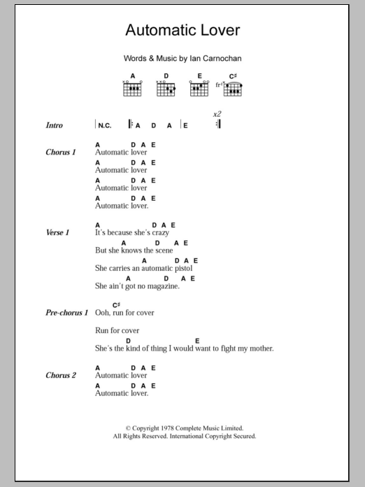 Download The Vibrators Automatic Lover Sheet Music and learn how to play Lyrics & Chords PDF digital score in minutes