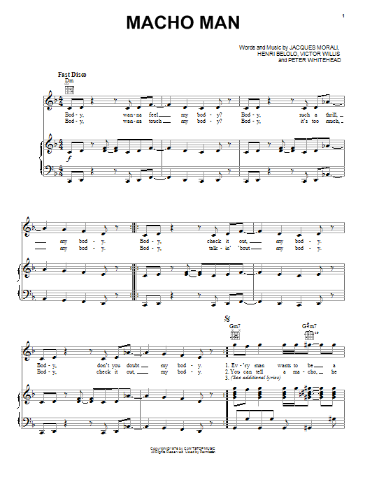 Download Village People Macho Man Sheet Music and learn how to play Piano, Vocal & Guitar (Right-Hand Melody) PDF digital score in minutes