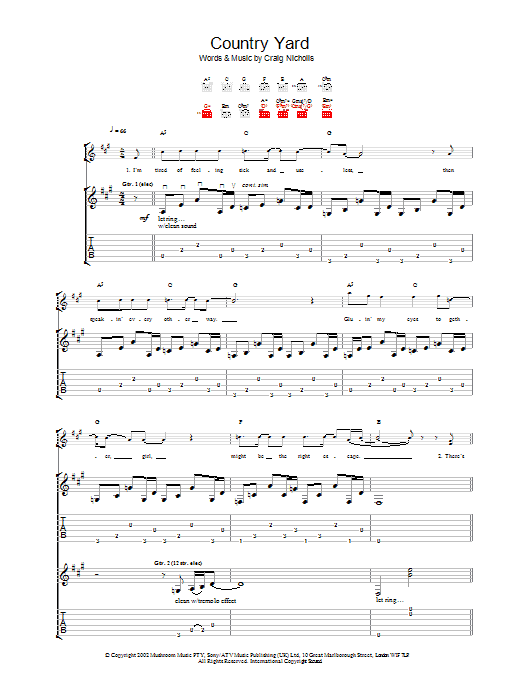 Download The Vines Country Yard Sheet Music and learn how to play Guitar Tab PDF digital score in minutes