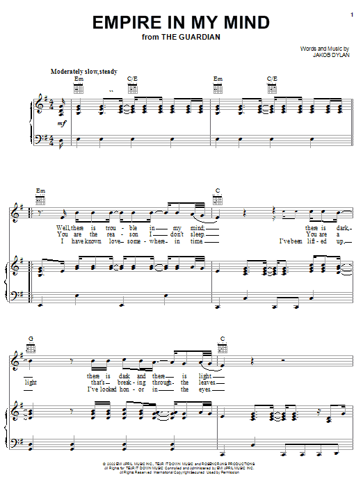 Download The Wallflowers Empire In My Mind (from The Guardian) Sheet Music and learn how to play Piano, Vocal & Guitar (Right-Hand Melody) PDF digital score in minutes